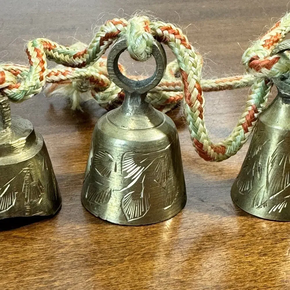 Vintage India Graduated Brass Bells with Knotted Rope Cord Set of 4